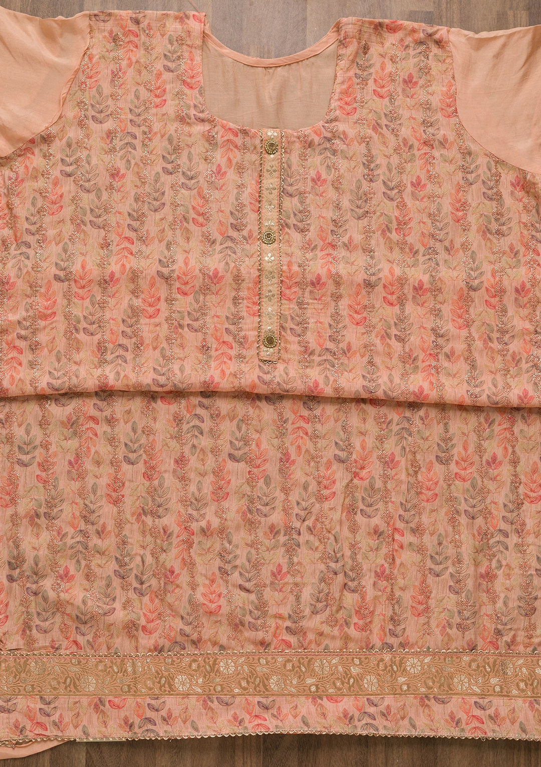 Peach Sequins Semi Crepe Unstitched Salwar Suit-Koskii