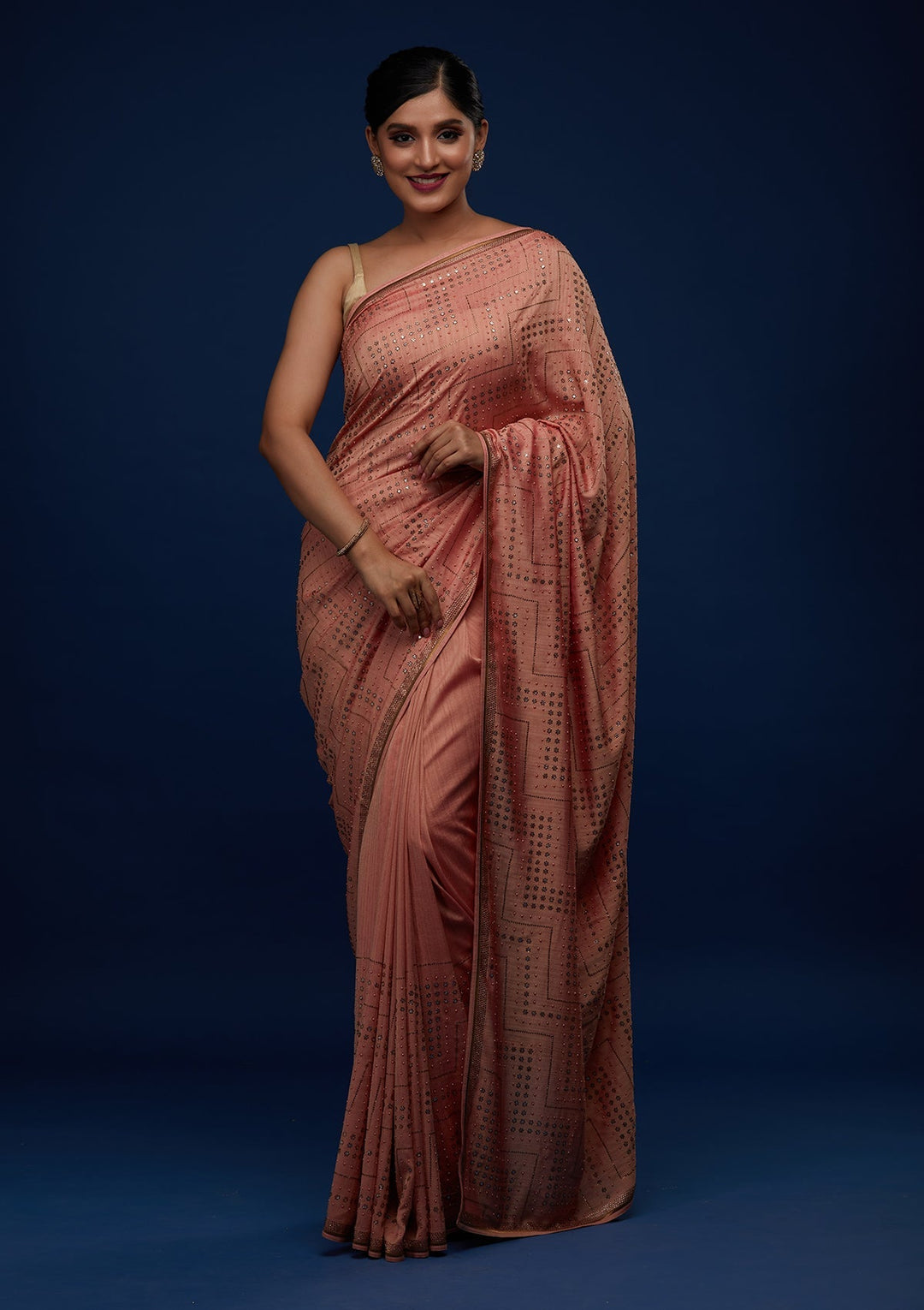 Peach Sequins Semi Crepe Designer Saree - Koskii