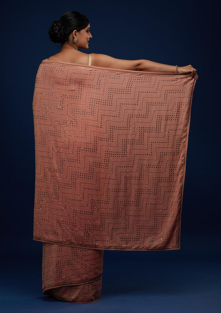 Peach Sequins Semi Crepe Designer Saree - Koskii