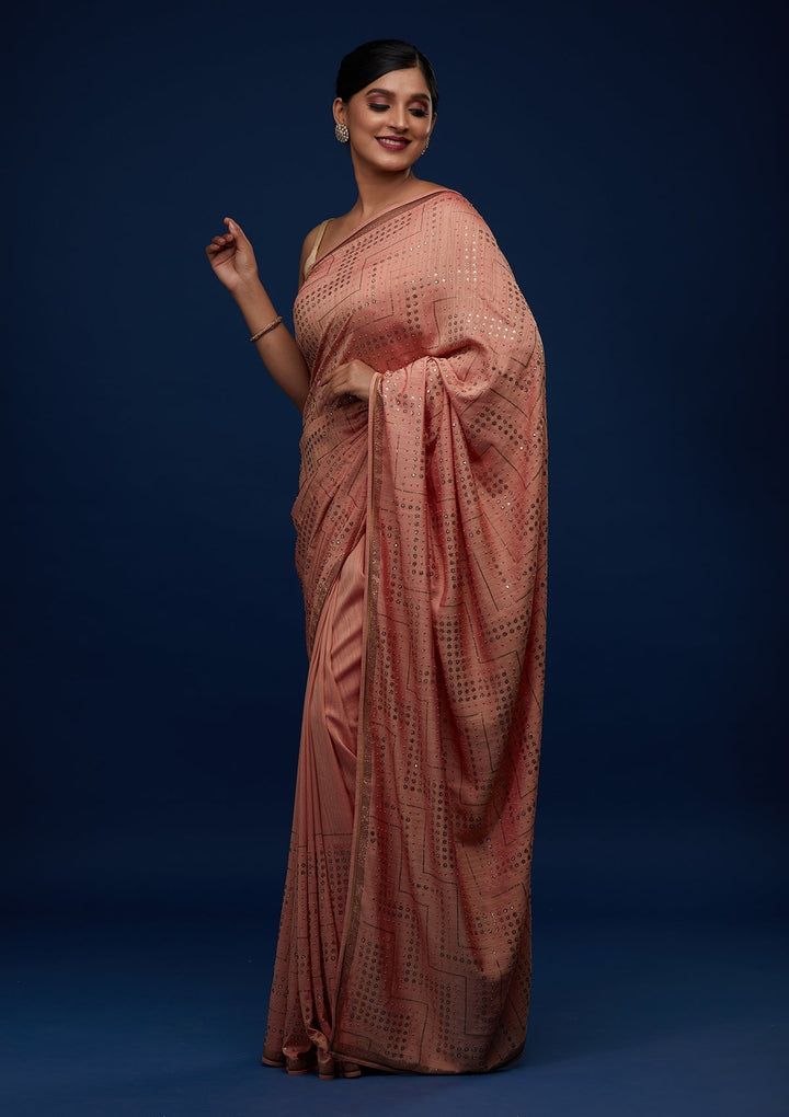 Peach Sequins Semi Crepe Designer Saree - Koskii