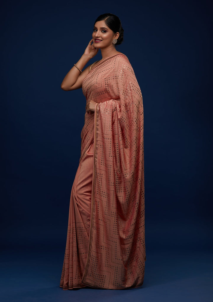 Peach Sequins Semi Crepe Designer Saree - Koskii
