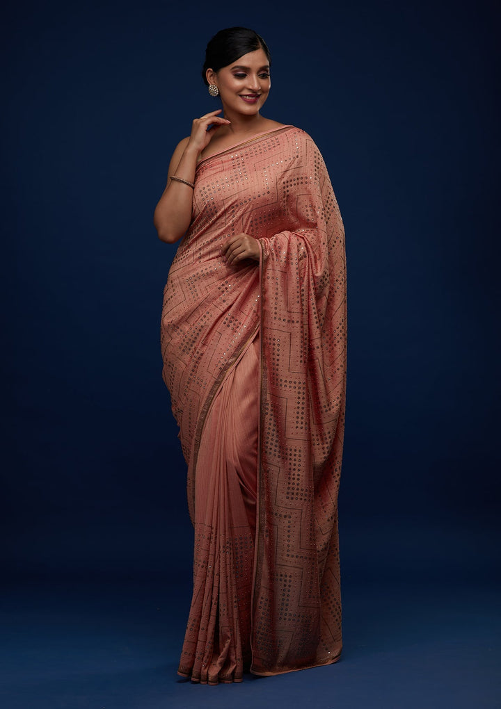 Peach Sequins Semi Crepe Designer Saree - Koskii