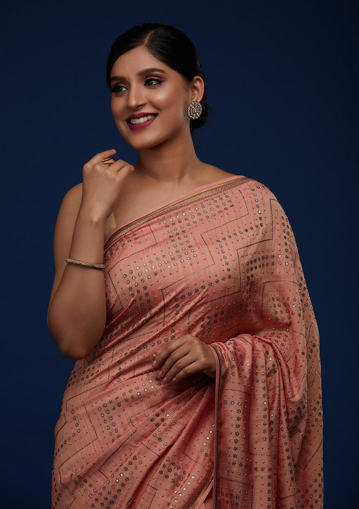 Peach Sequins Semi Crepe Designer Saree - Koskii