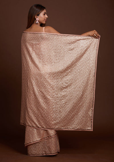 Peach Sequins Semi Crepe Saree-Koskii