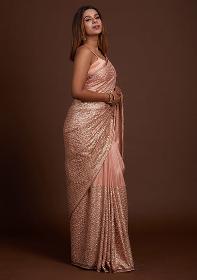 Peach Sequins Semi Crepe Saree-Koskii