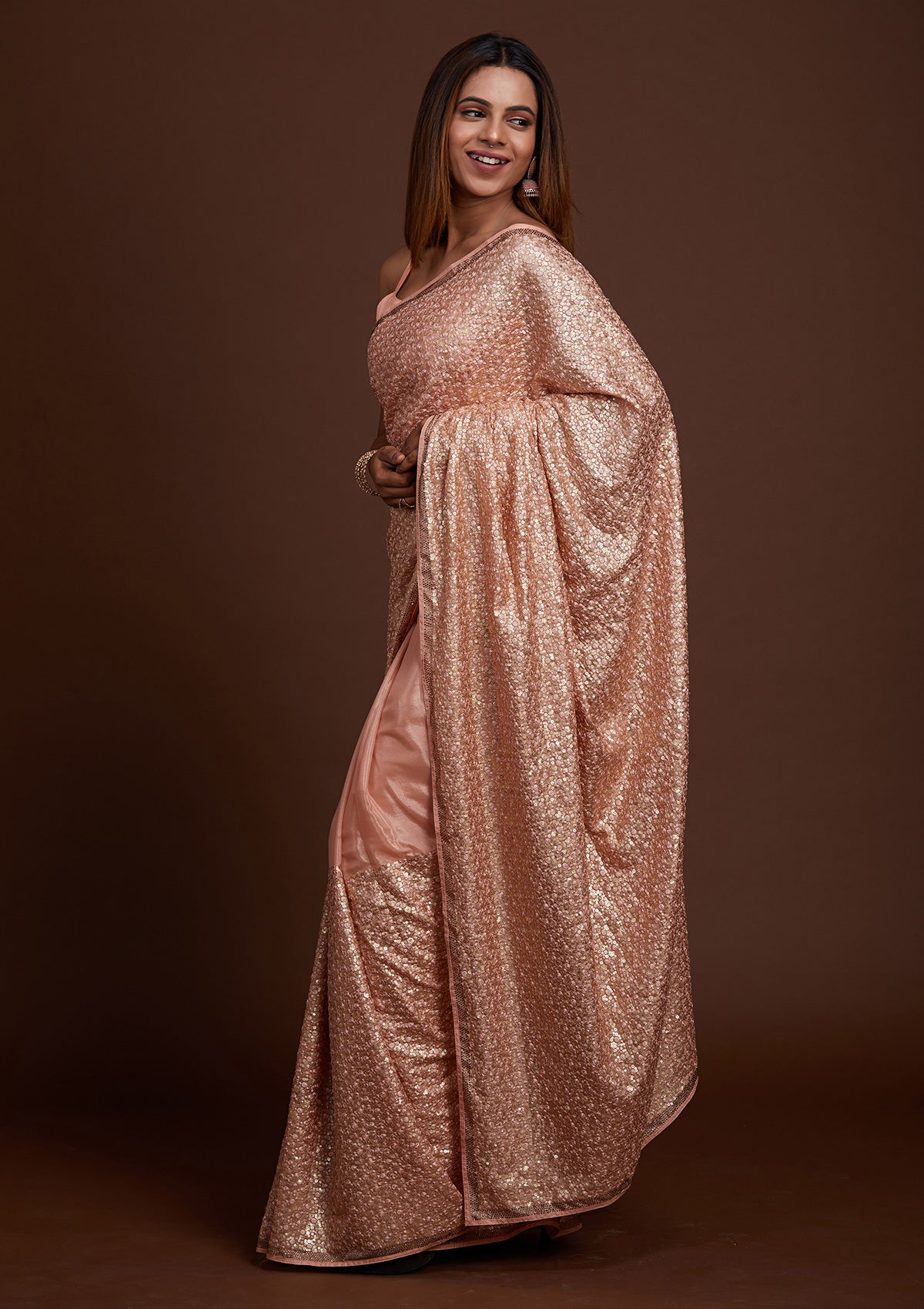 Peach Sequins Semi Crepe Saree-Koskii