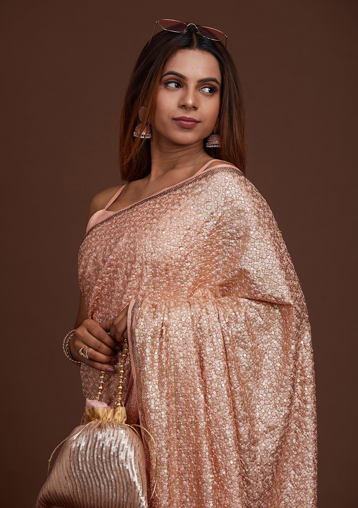 Peach Sequins Semi Crepe Saree-Koskii