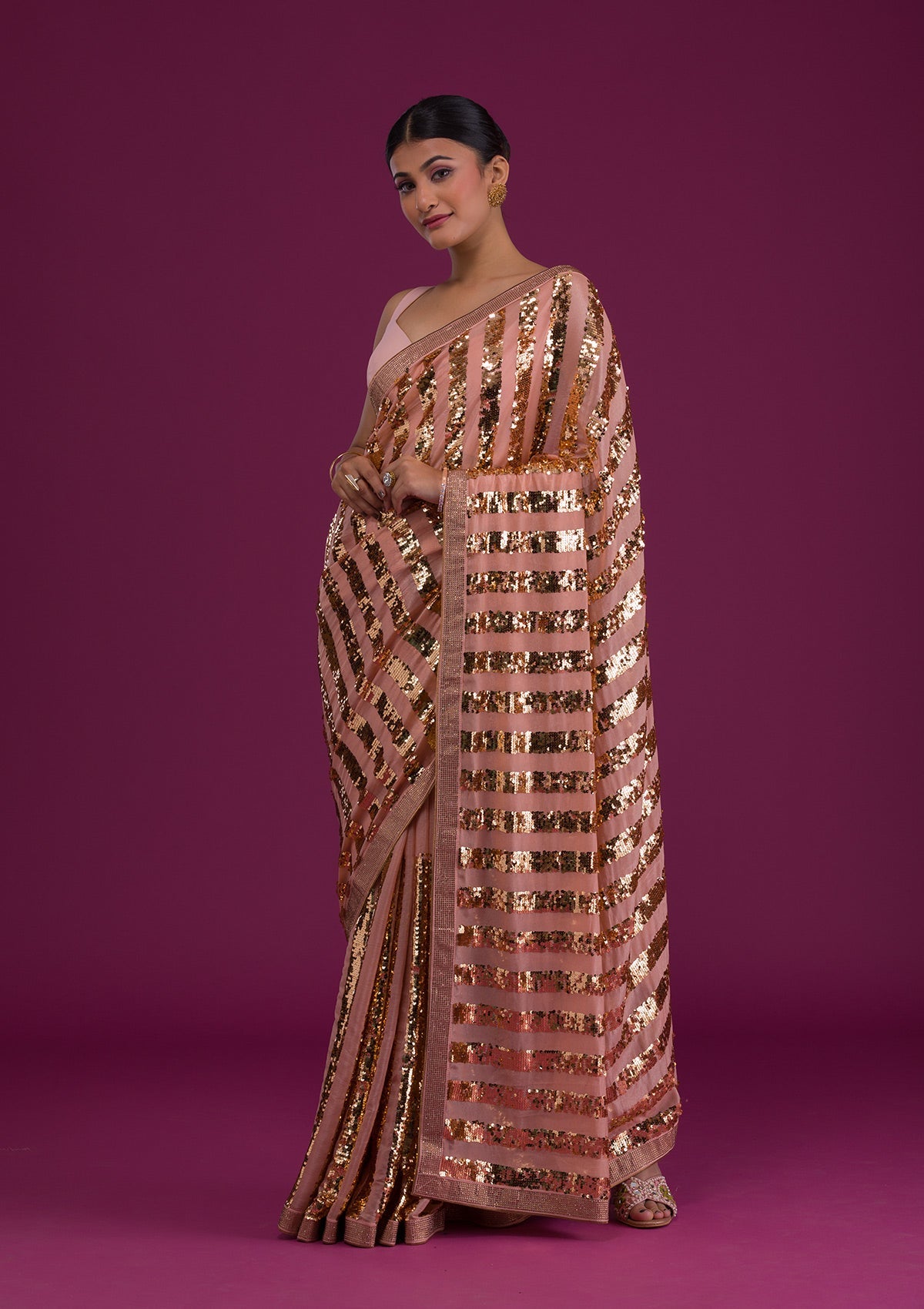 Peach Sequins Semi Crepe Saree-Koskii