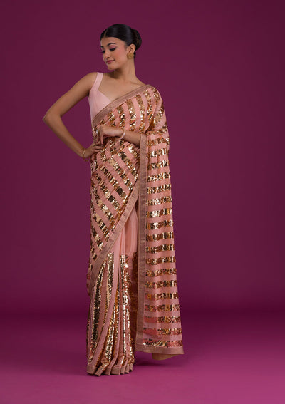 Peach Sequins Semi Crepe Unstitched Saree-Koskii