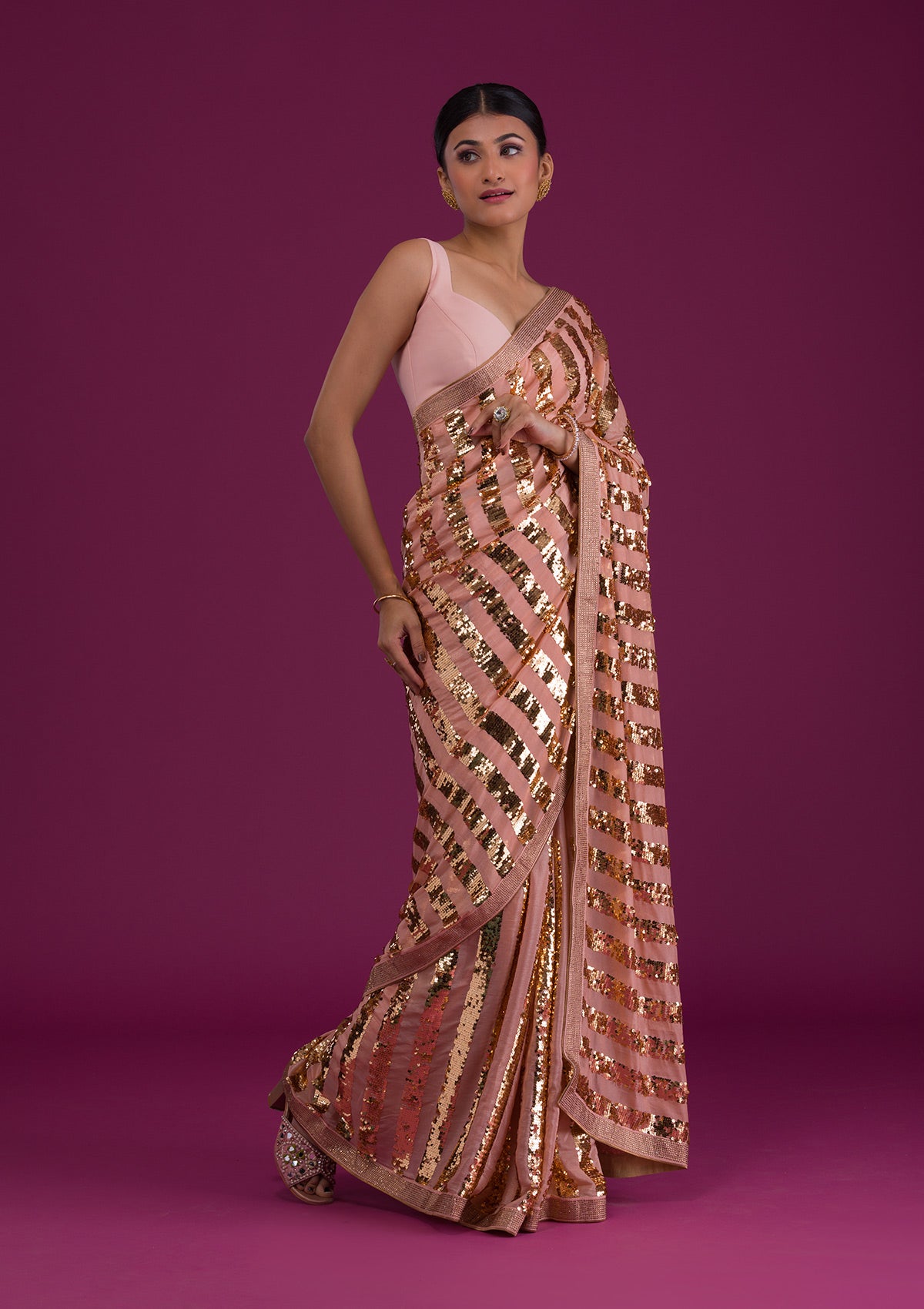 Peach Sequins Semi Crepe Unstitched Saree-Koskii