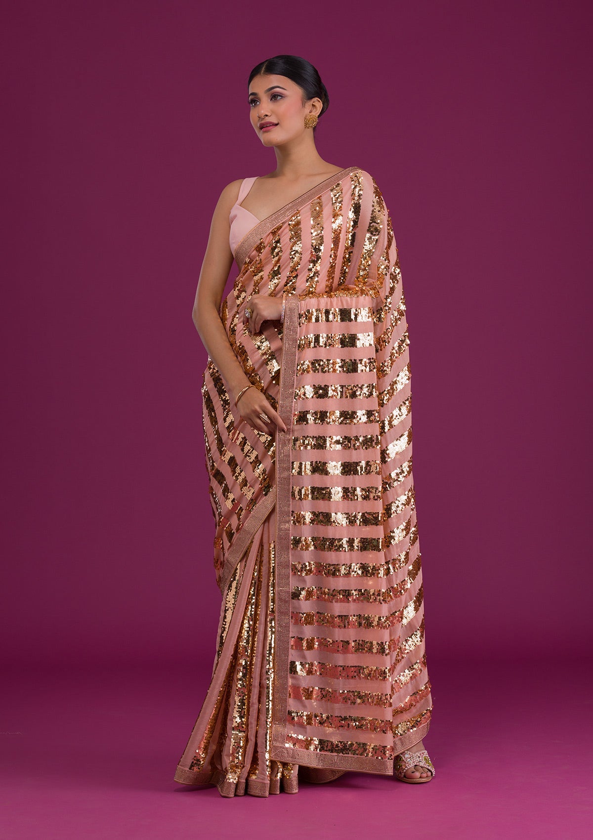 Peach Sequins Semi Crepe Unstitched Saree-Koskii