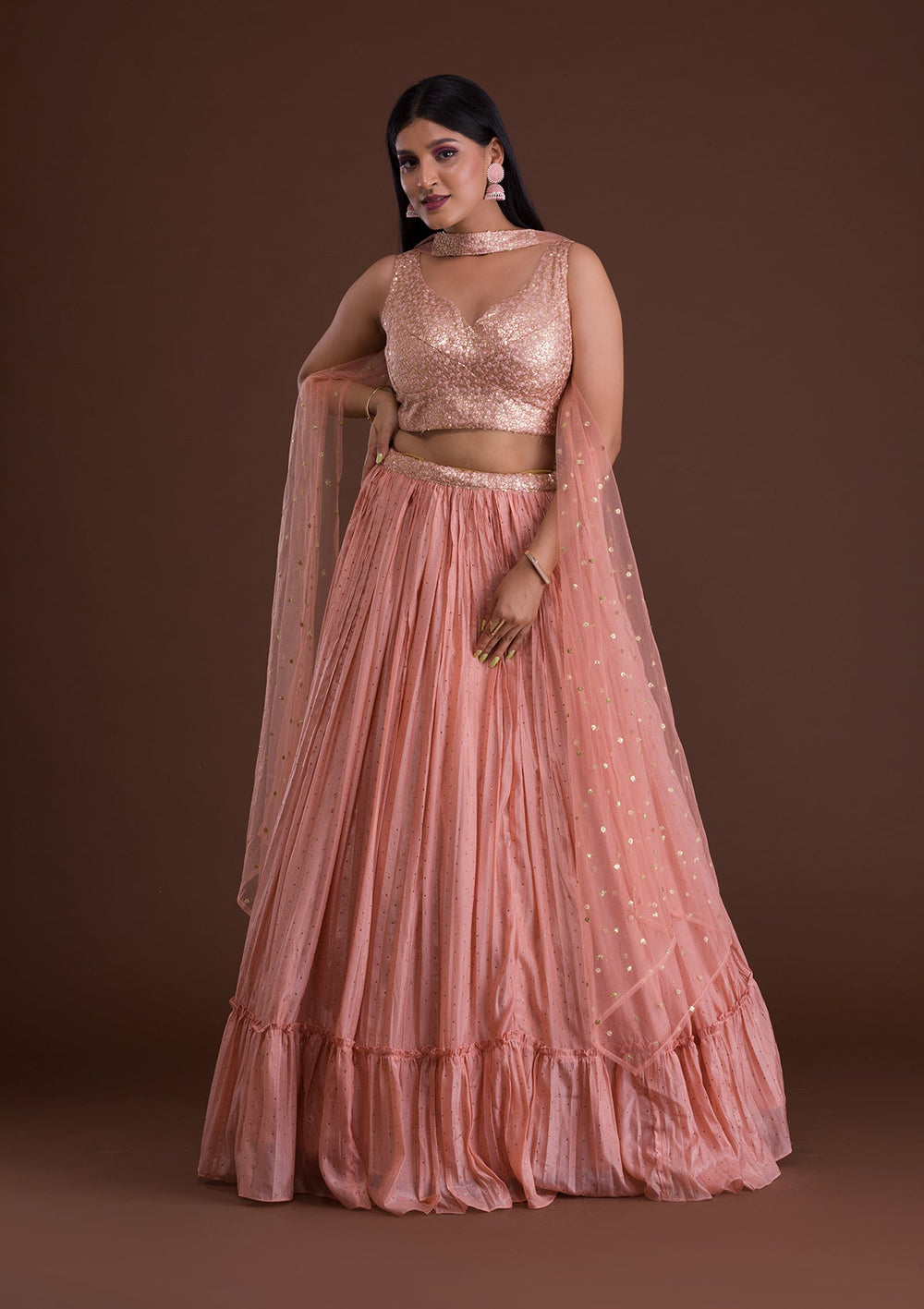 Peach Sequins Shimmer Designer Lehenga-Koskii