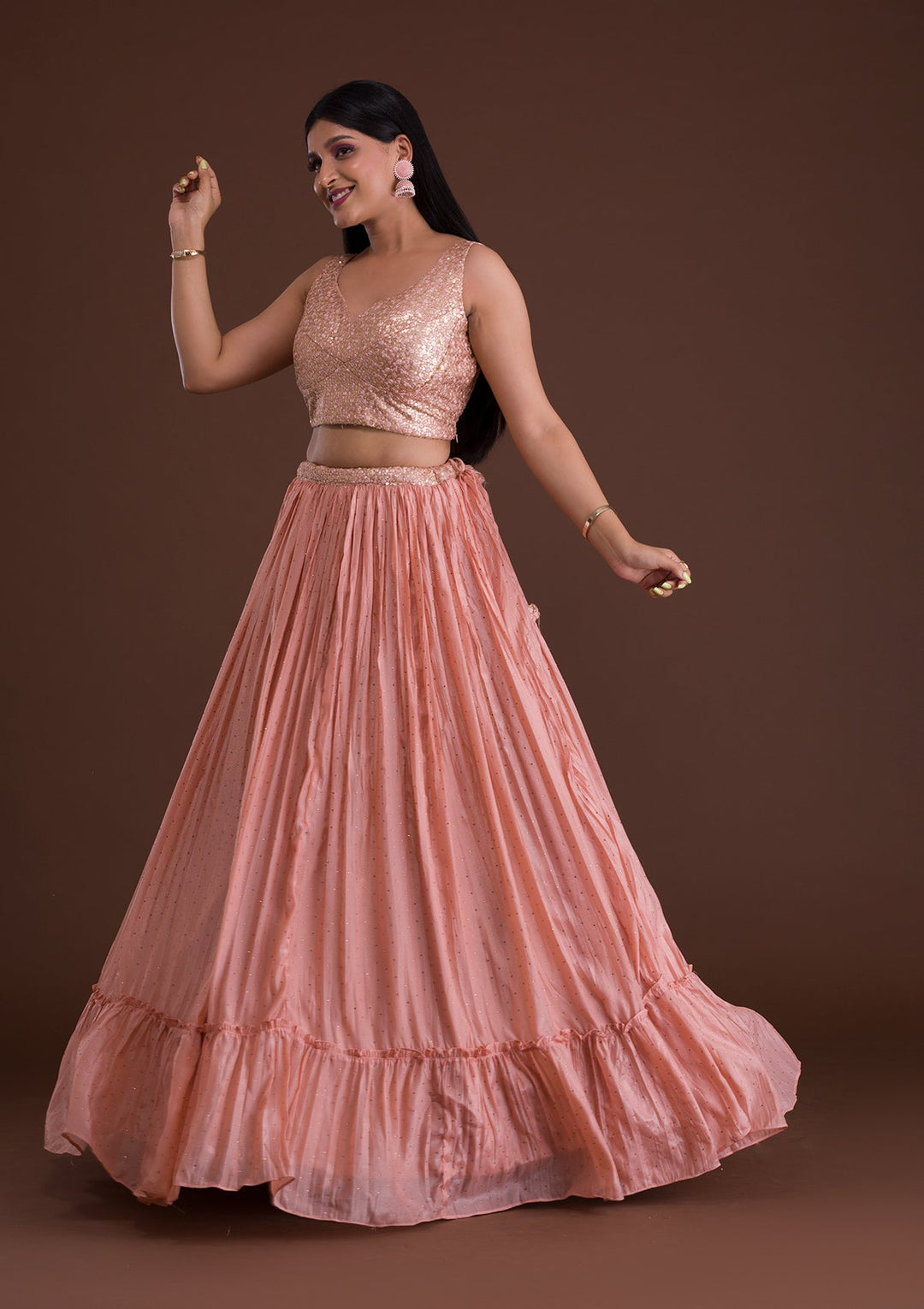 Peach Sequins Shimmer Designer Lehenga-Koskii