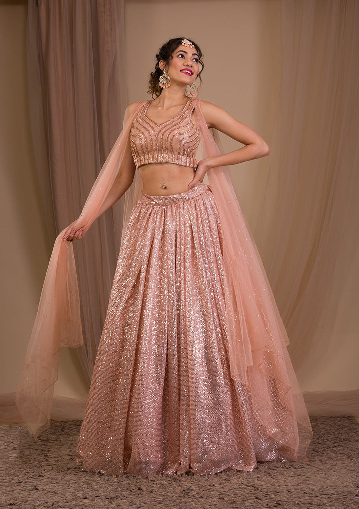 Peach Sequins Net Readymade Lehenga-Koskii