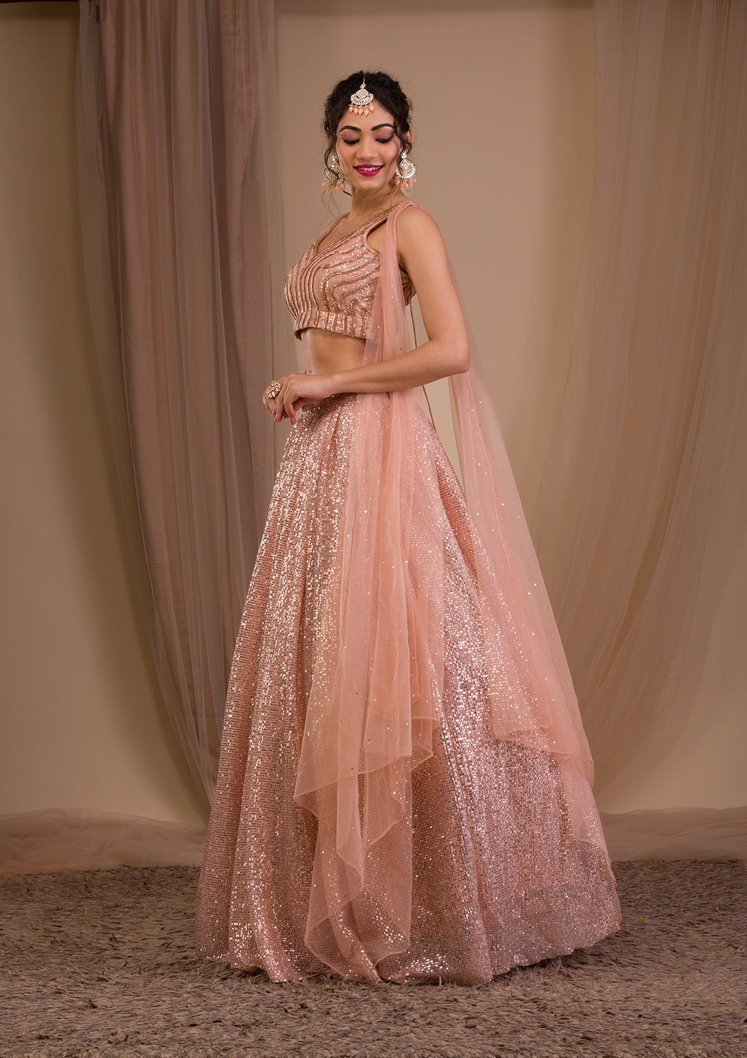 Peach Sequins Net Readymade Lehenga-Koskii
