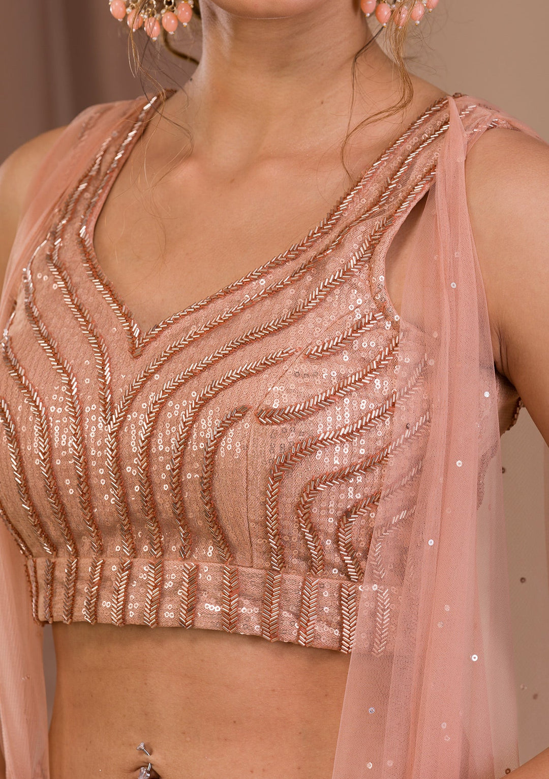 Peach Sequins Net Readymade Lehenga-Koskii