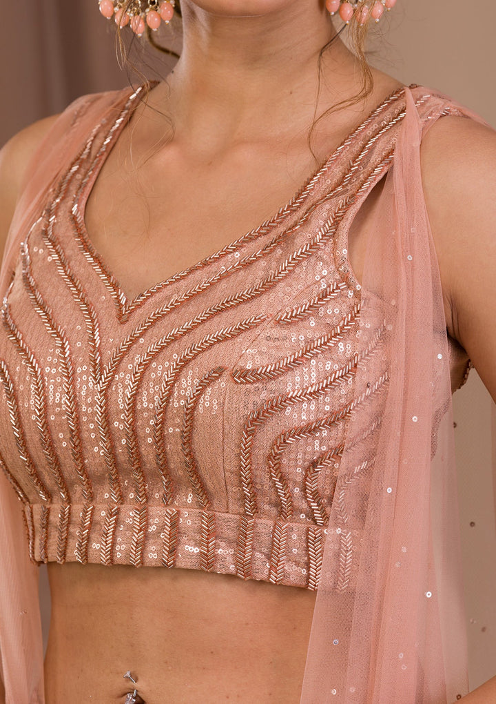Peach Sequins Net Readymade Lehenga-Koskii