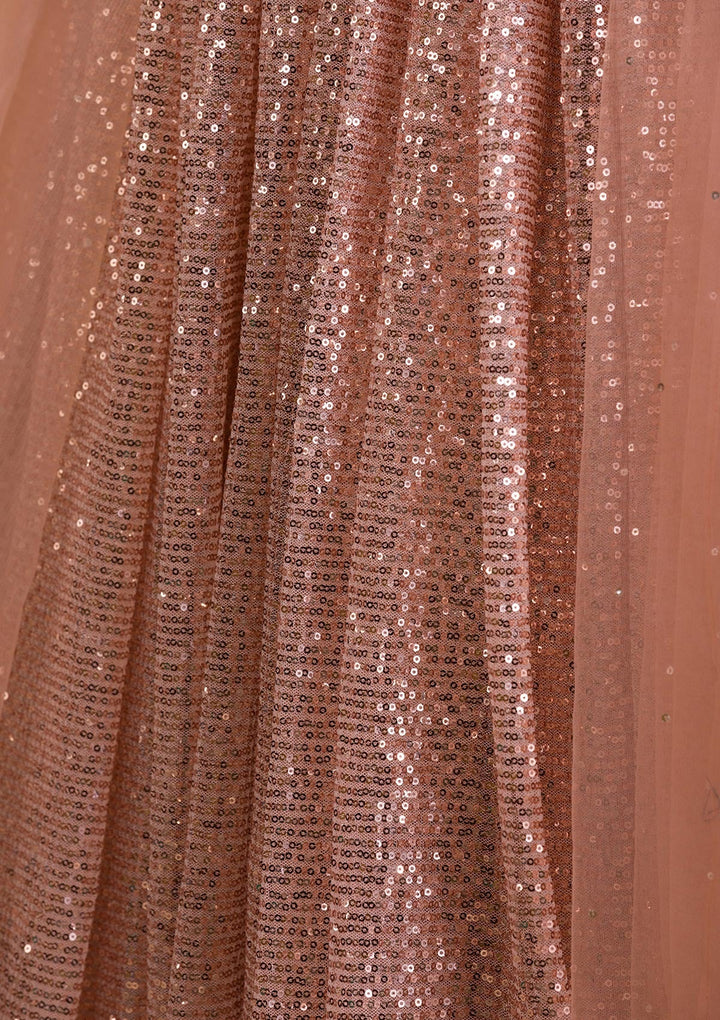 Peach Sequins Net Readymade Lehenga-Koskii