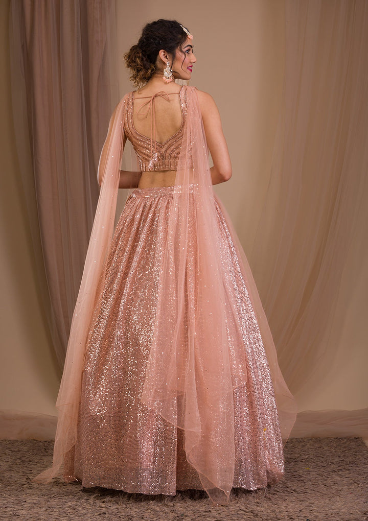 Peach Sequins Net Readymade Lehenga-Koskii
