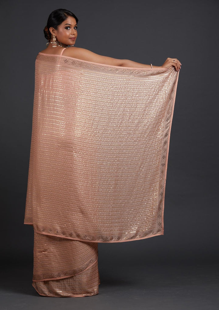 Peach Sequins Shimmer Designer Saree - Koskii