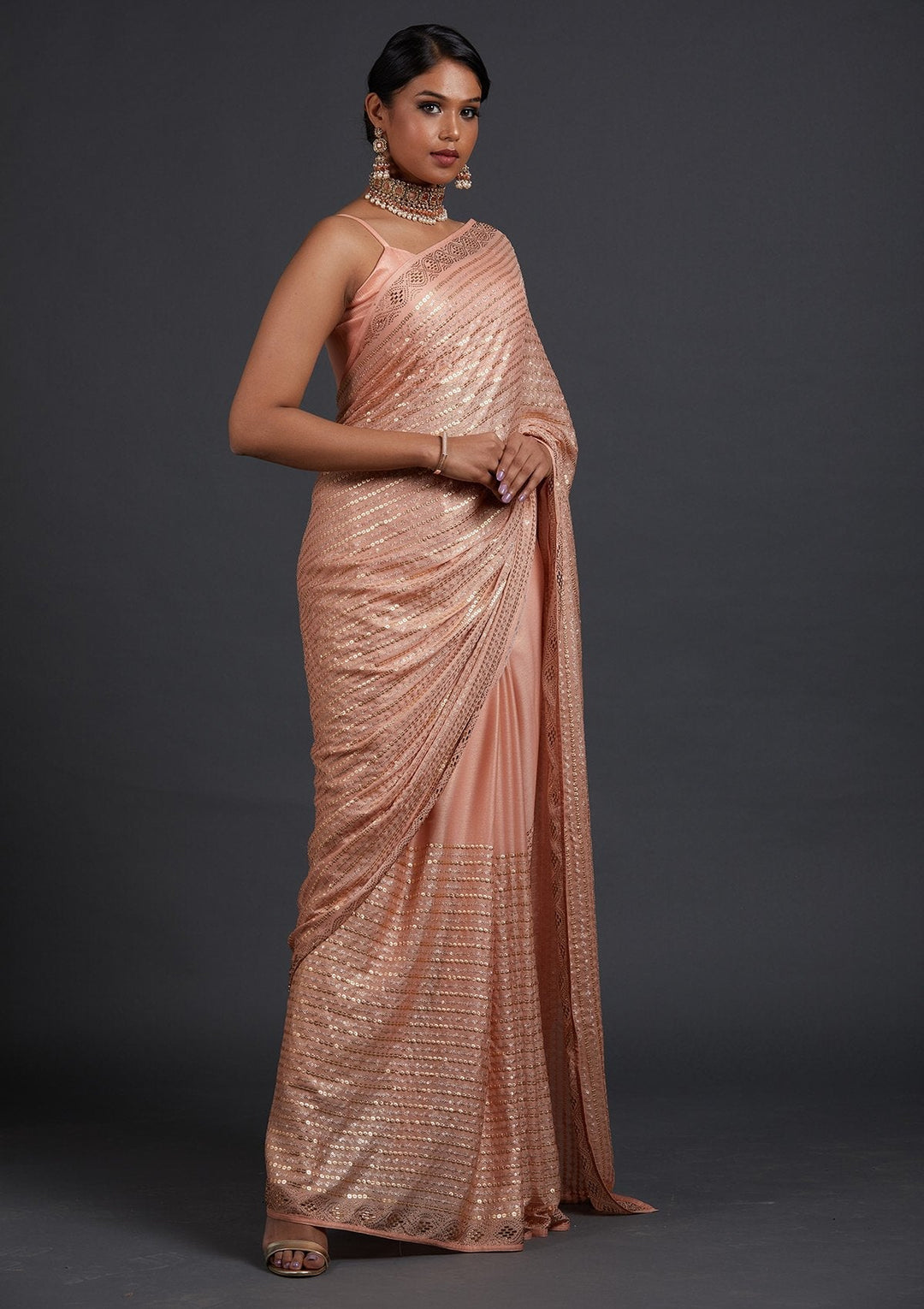 Peach Sequins Shimmer Designer Saree - Koskii