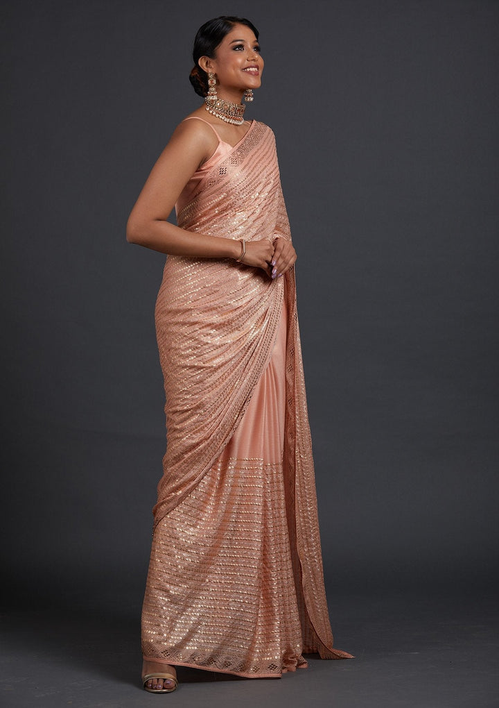 Peach Sequins Shimmer Designer Saree - Koskii