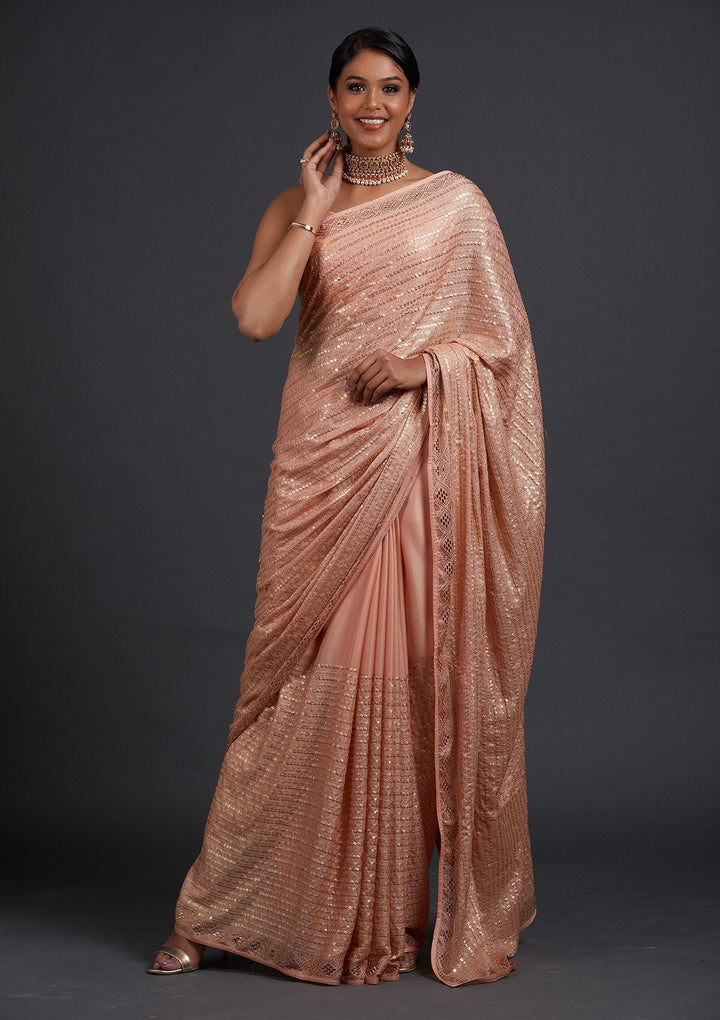 Peach Sequins Shimmer Designer Saree - Koskii