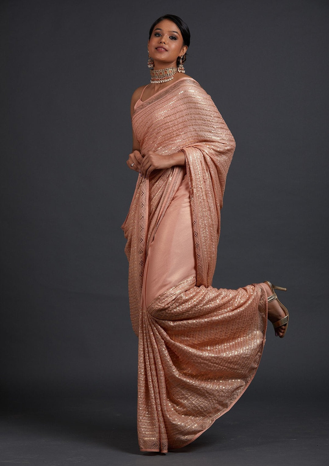 Peach Sequins Shimmer Designer Saree - Koskii