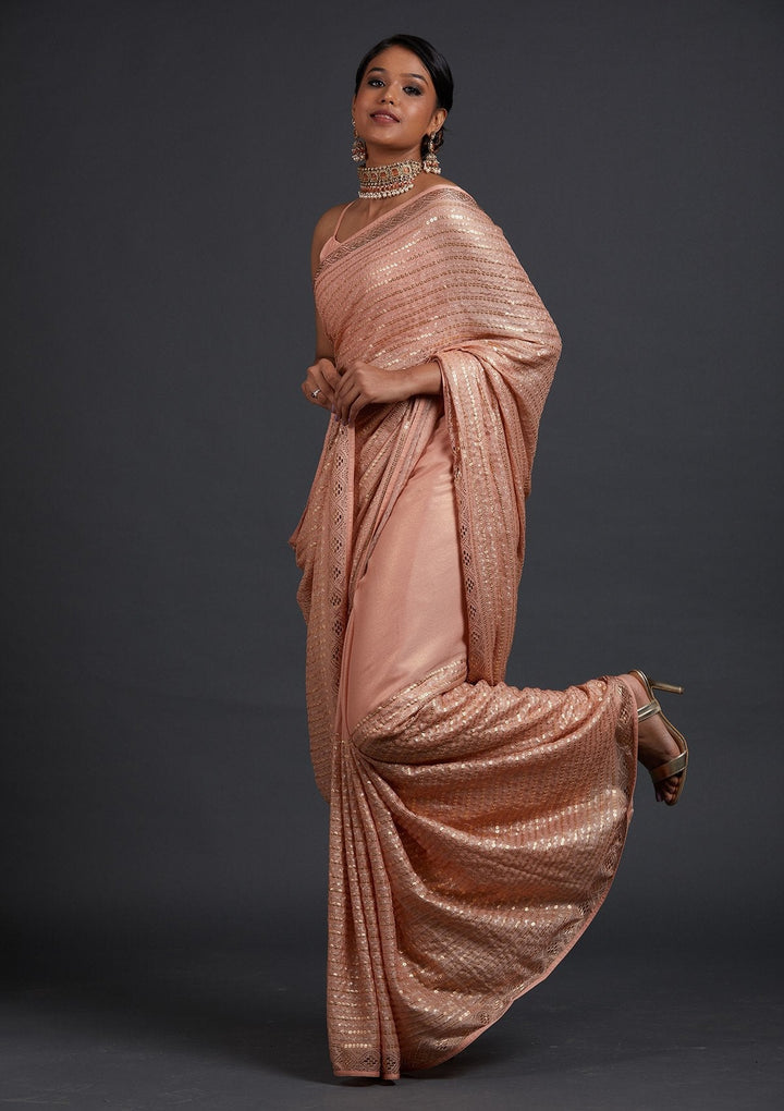 Peach Sequins Shimmer Designer Saree - Koskii