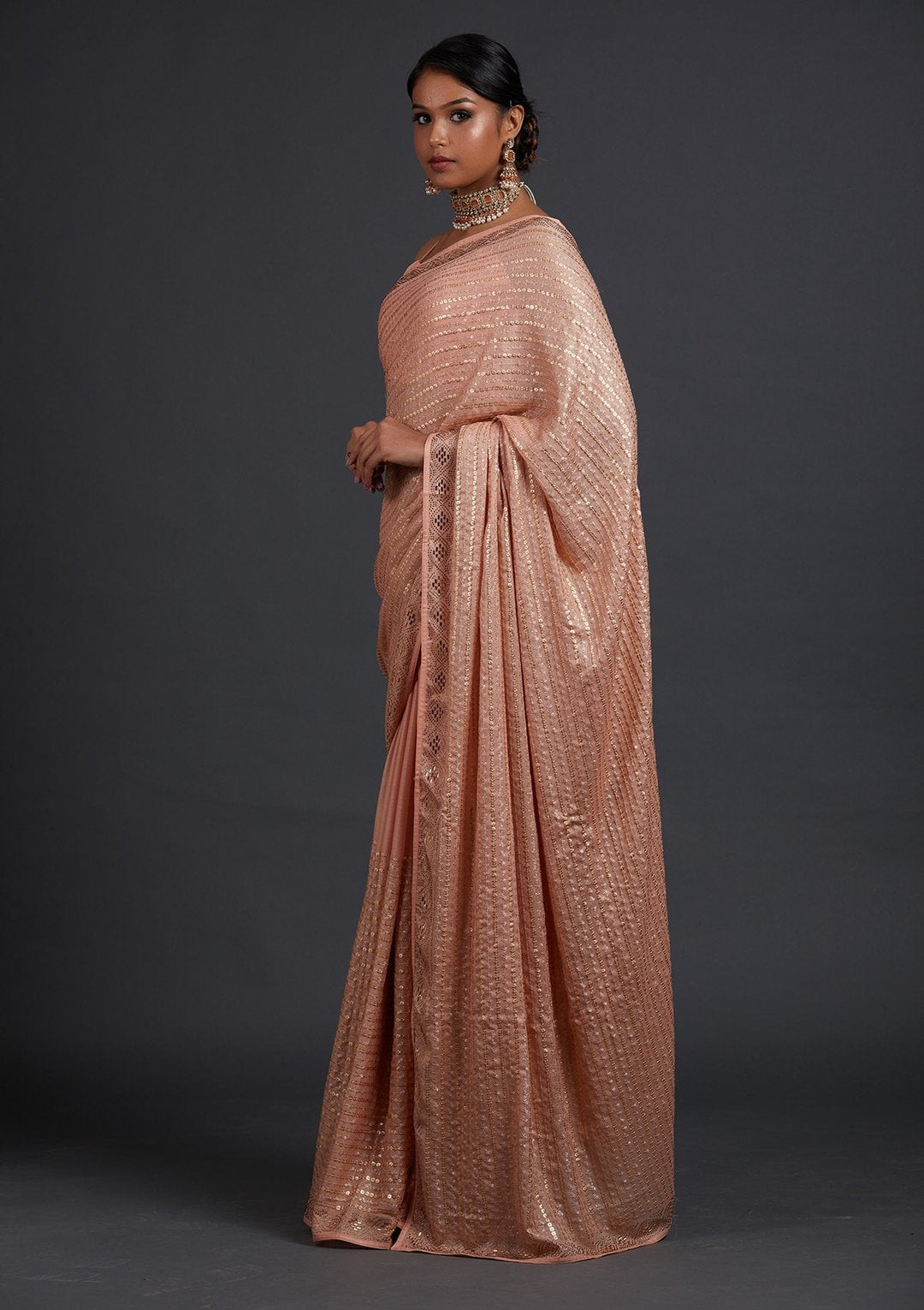 Peach Sequins Shimmer Designer Saree - Koskii
