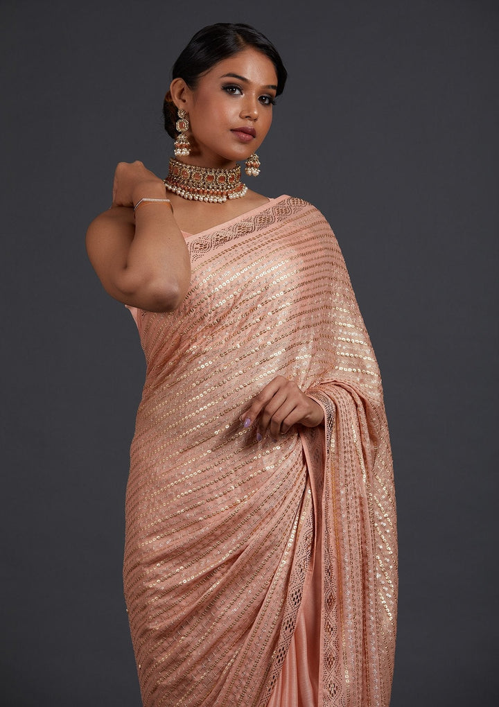 Peach Sequins Shimmer Designer Saree - Koskii