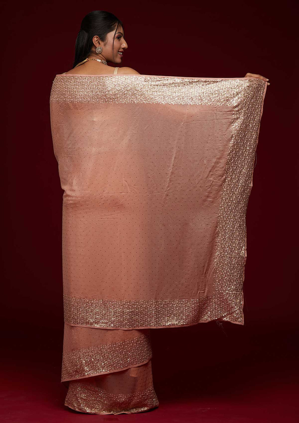 Peach Sequins Shimmer Saree-Koskii