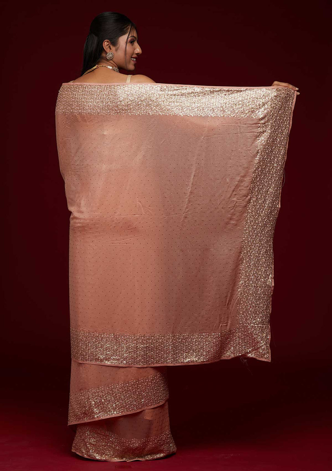Peach Sequins Shimmer Saree-Koskii