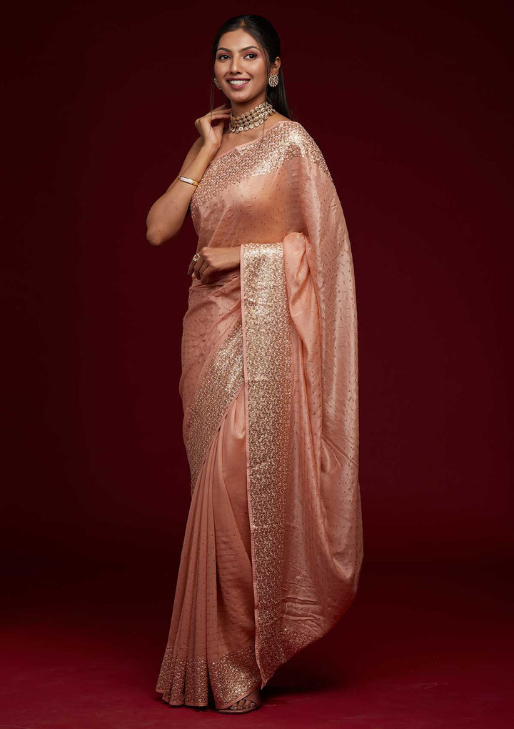 Peach Sequins Shimmer Saree-Koskii