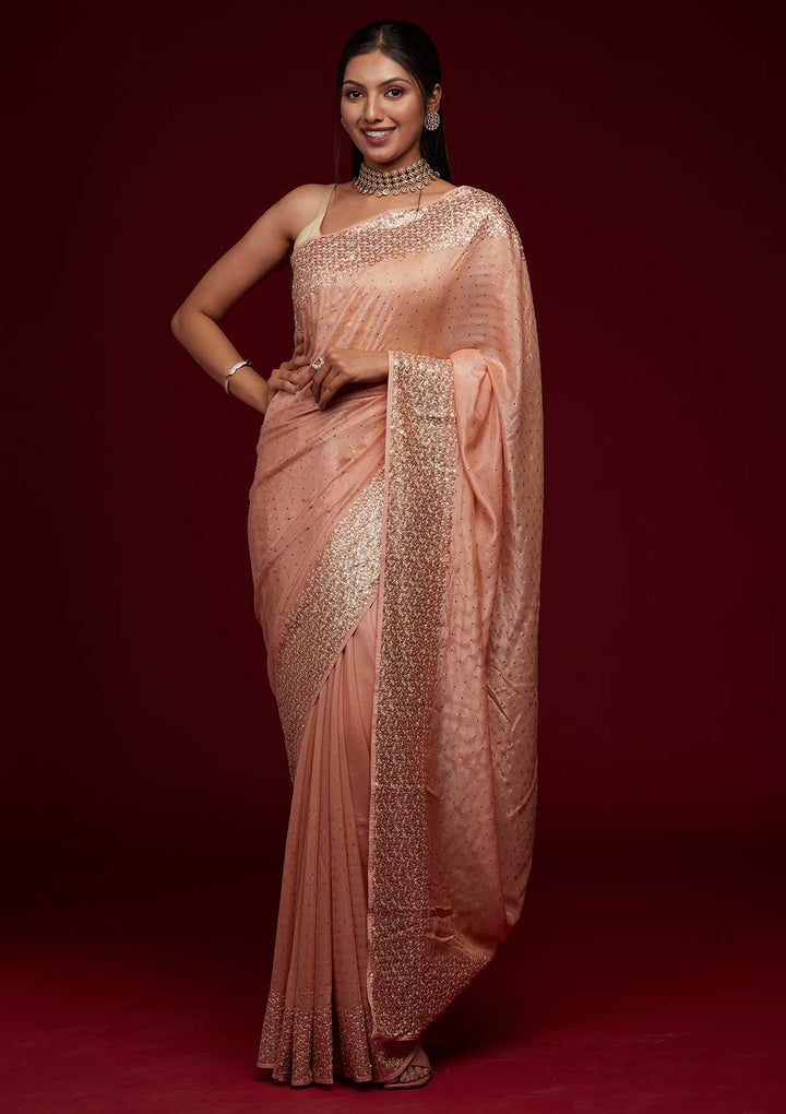 Peach Sequins Shimmer Saree-Koskii