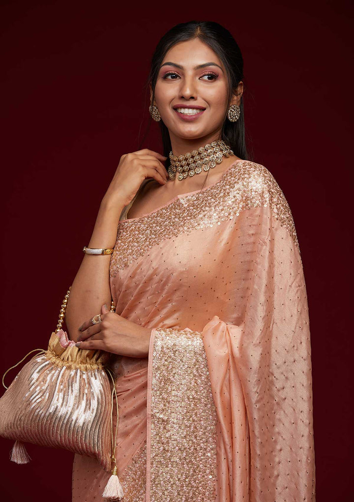 Peach Sequins Shimmer Saree-Koskii