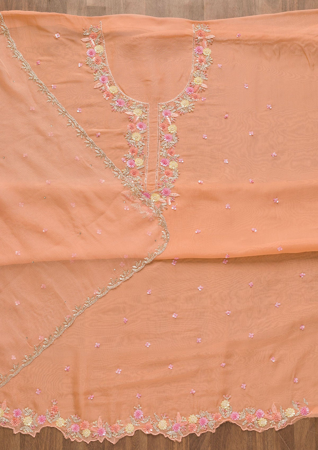 Peach Sequins Organza Unstitched Salwar Kameez-Koskii