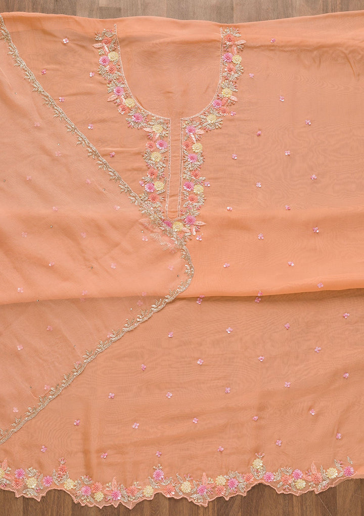 Peach Sequins Organza Unstitched Salwar Kameez-Koskii