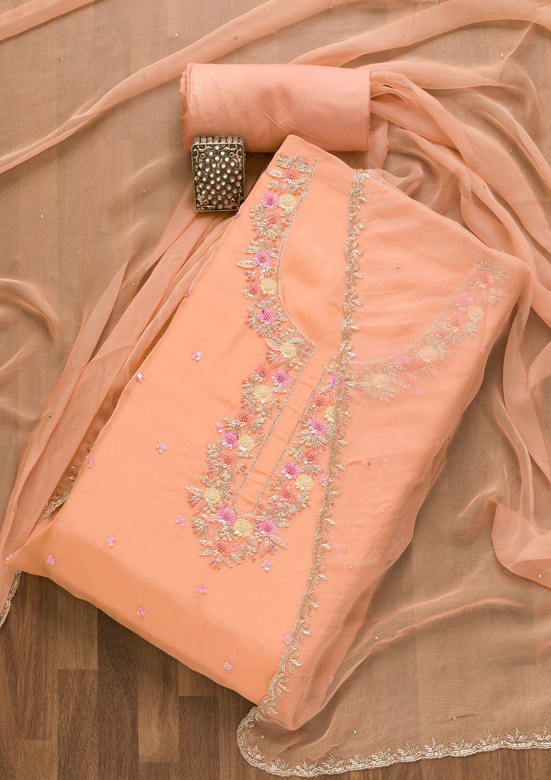 Peach Sequins Organza Unstitched Salwar Kameez-Koskii