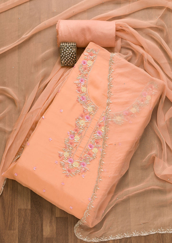 Peach Sequins Organza Unstitched Salwar Kameez-Koskii