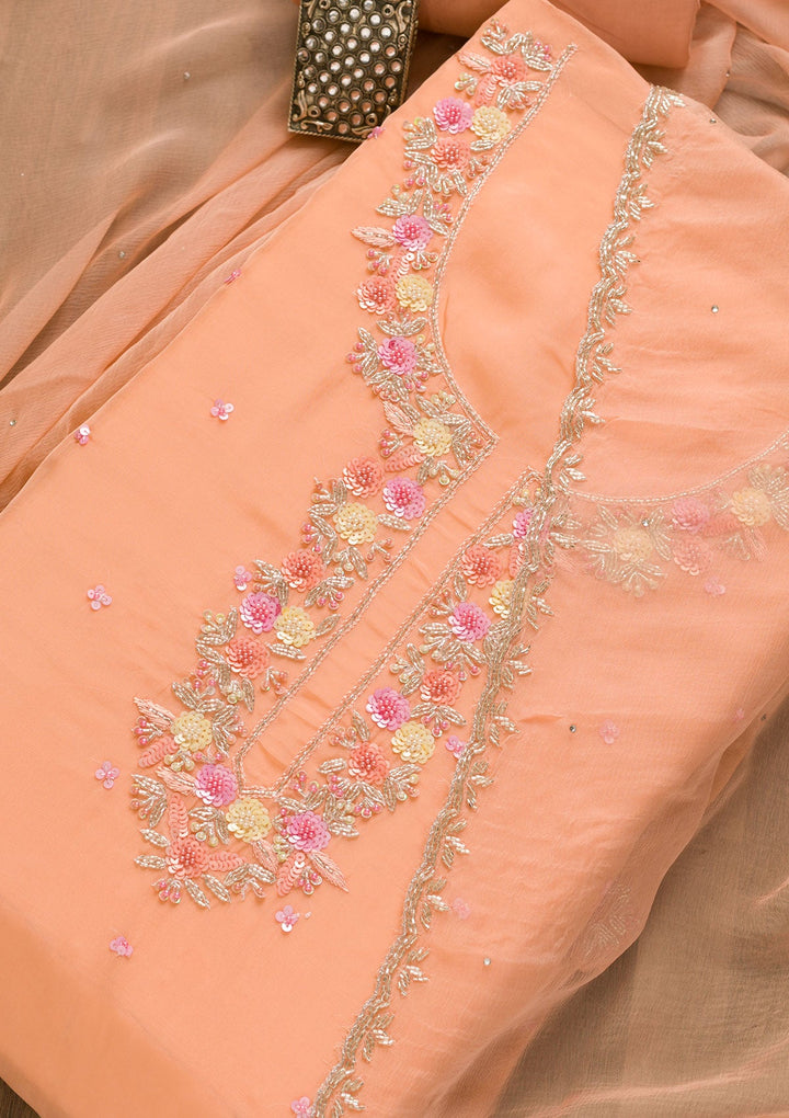 Peach Sequins Organza Unstitched Salwar Kameez-Koskii