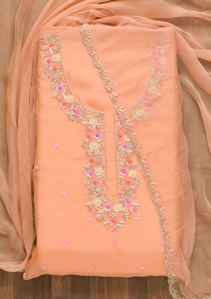 Peach Sequins Organza Unstitched Salwar Kameez-Koskii