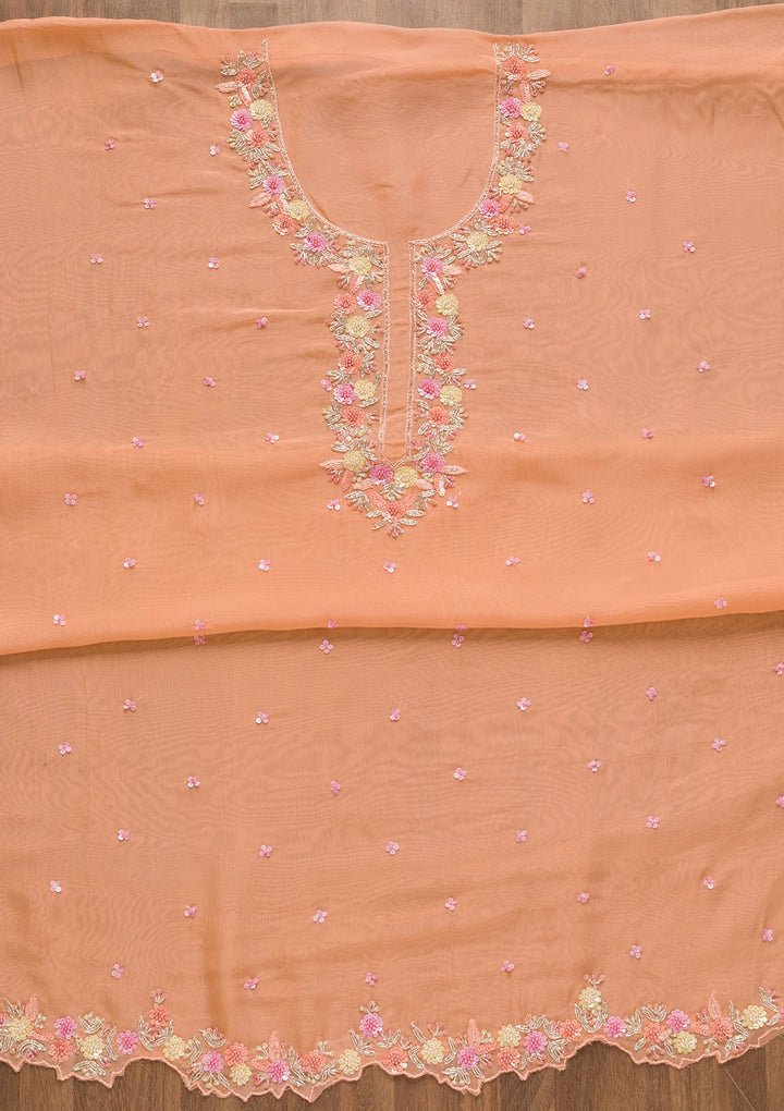 Peach Sequins Organza Unstitched Salwar Kameez-Koskii