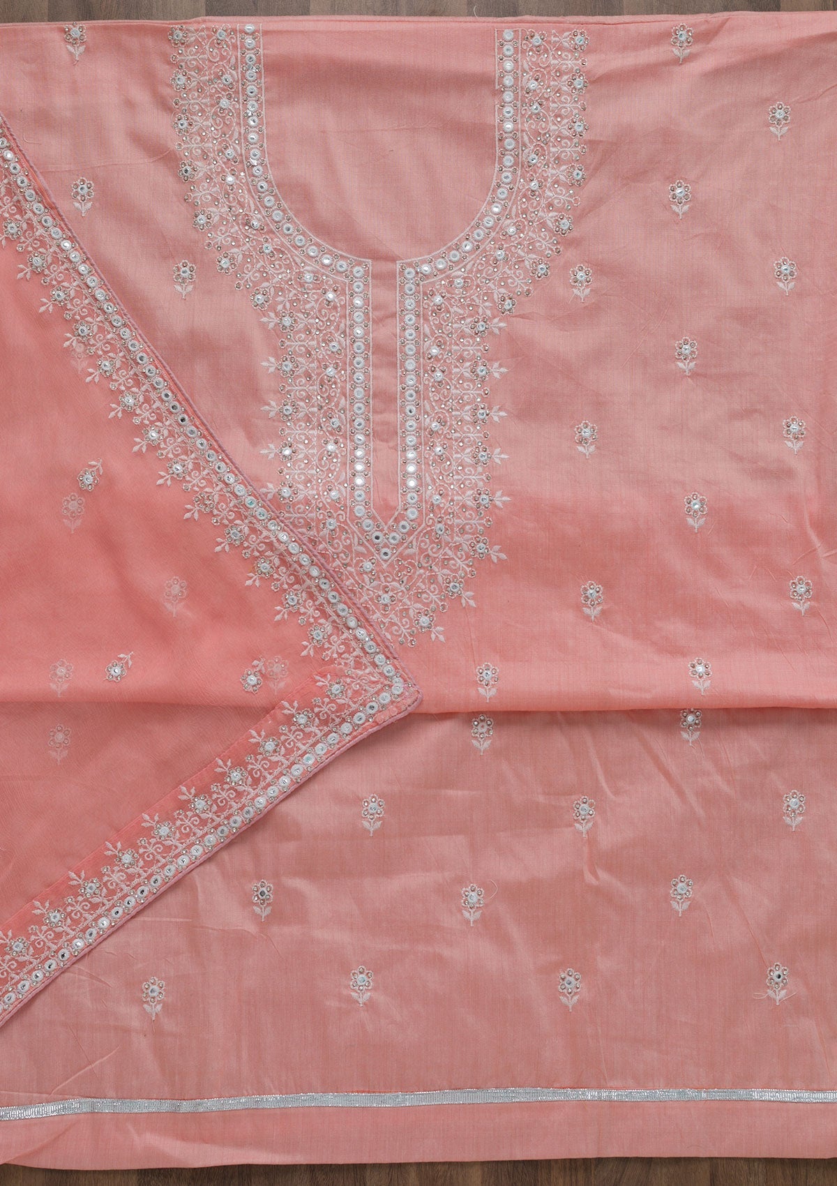 Peach Silver Stonework Cotton Semi-Stitched Salwar Suit-Koskii