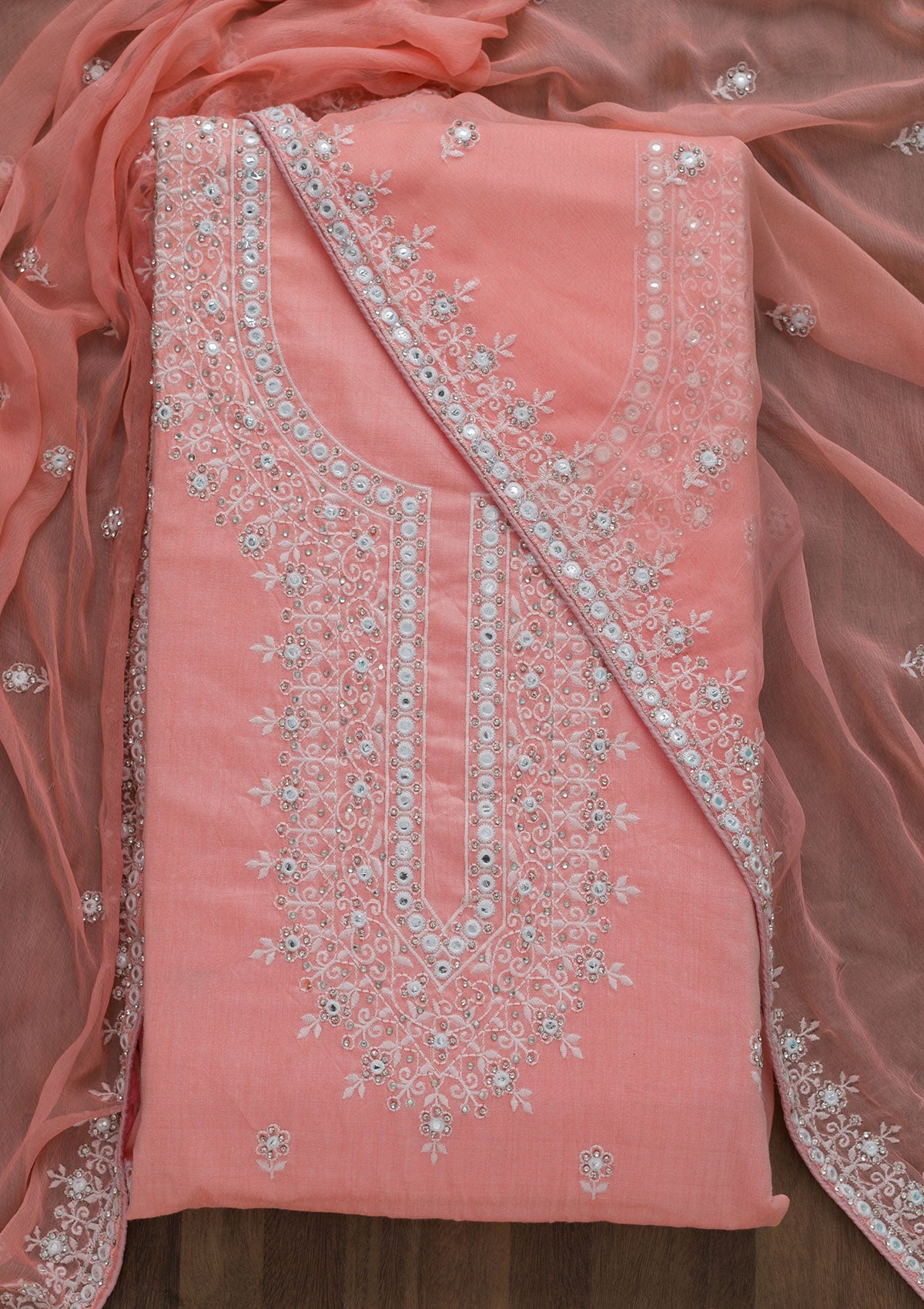 Peach Silver Stonework Cotton Semi-Stitched Salwar Suit-Koskii