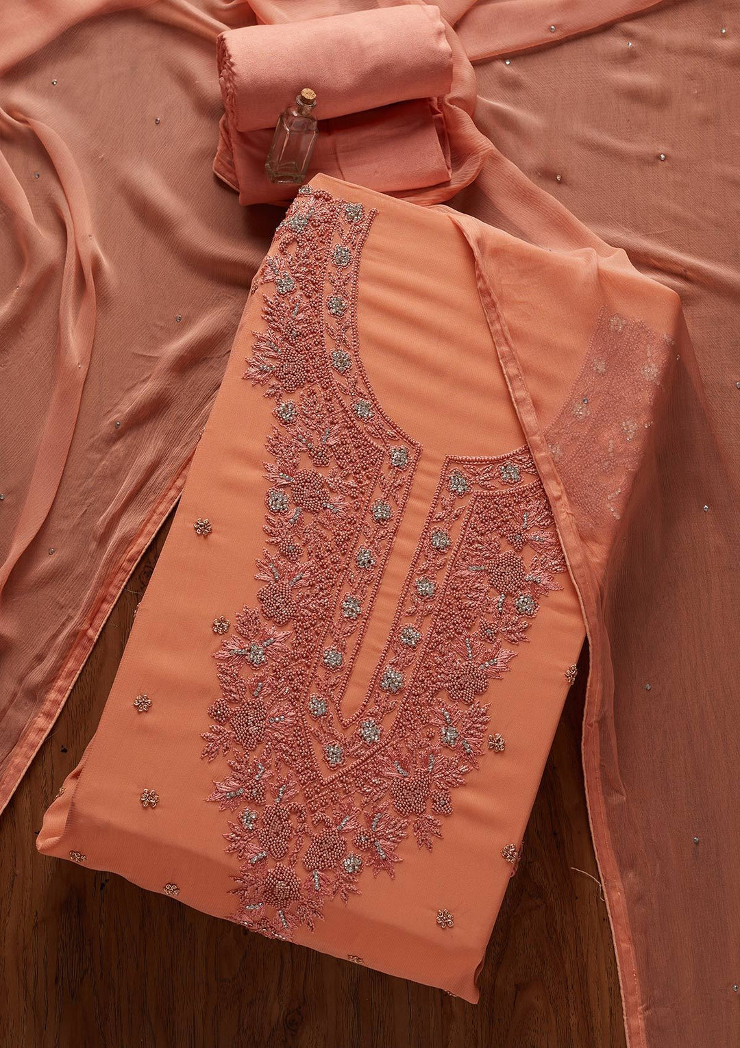 Peach Silver Stonework Georgette Designer Unstitched Salwar Suit - koskii