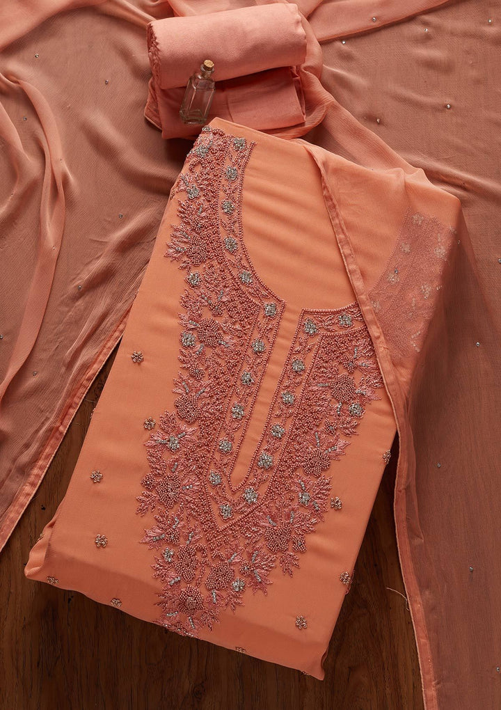 Peach Silver Stonework Georgette Designer Unstitched Salwar Suit - koskii