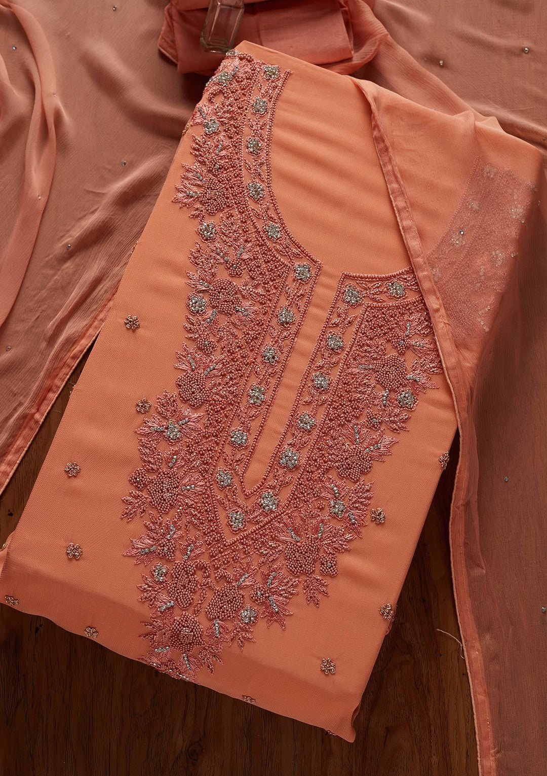 Peach Silver Stonework Georgette Designer Unstitched Salwar Suit - koskii