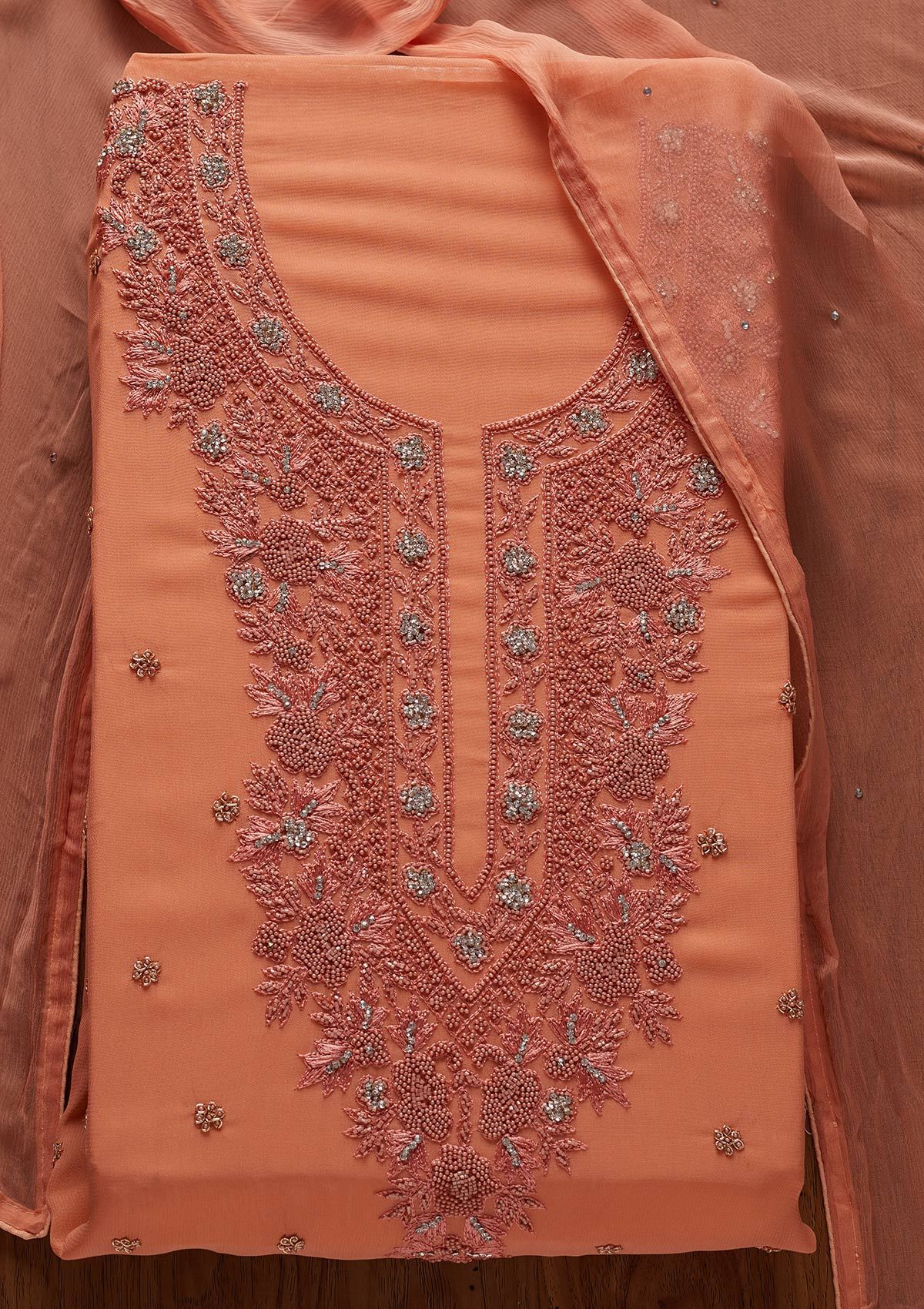 Peach Silver Stonework Georgette Designer Unstitched Salwar Suit - koskii