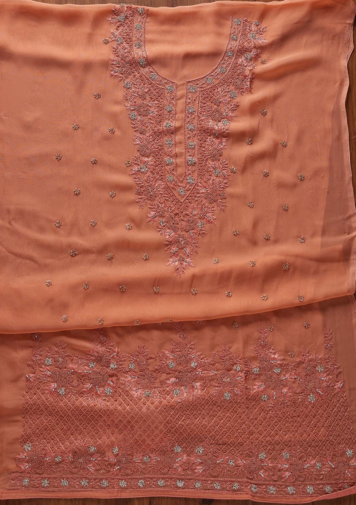 Peach Silver Stonework Georgette Designer Unstitched Salwar Suit - koskii